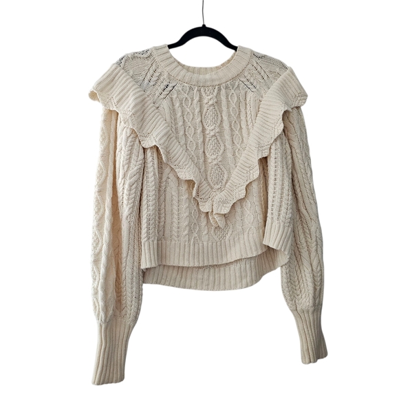 saltwater LUXE Sweaters - Saltwater Luxe Cream Ruffle Fisherman Sweater Crewneck Large Victorian High Neck